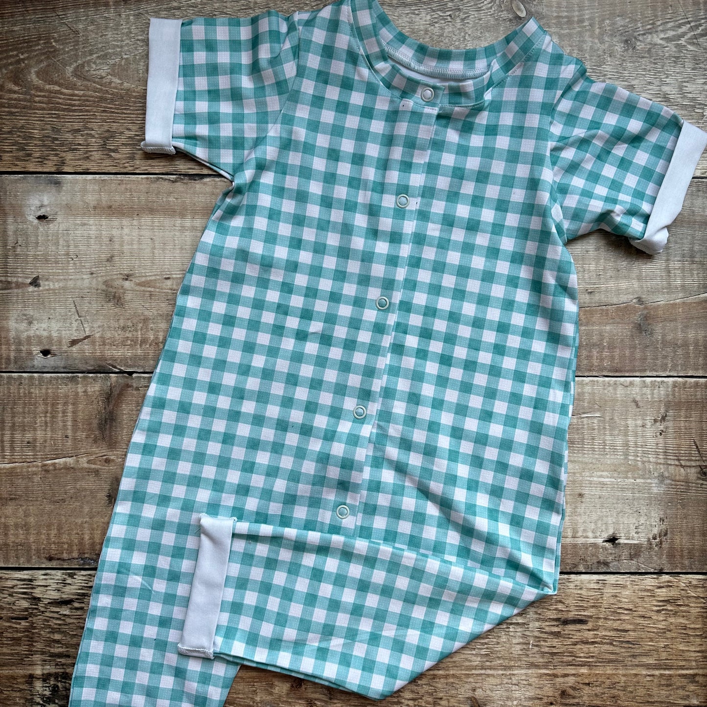 Popperdown Romper | Aqua Gingham