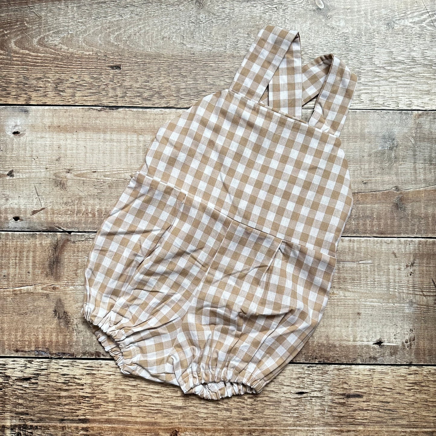 Cross Back Romper | Beige Gingham